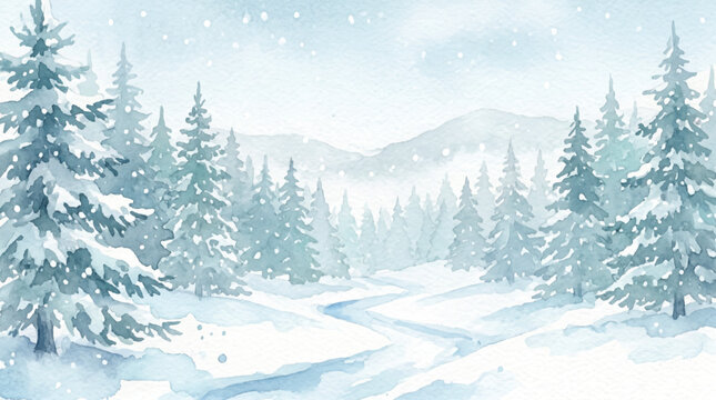 Snowy winter forest landscape with pine trees mountains and cold blue sky