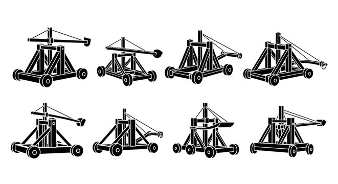 Set of Catapult Icons, Medieval Siege Weapon Illustrations