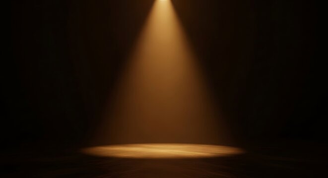 Empty Dark Stage Illuminated by a Single Warm Golden Spotlight from Above Background