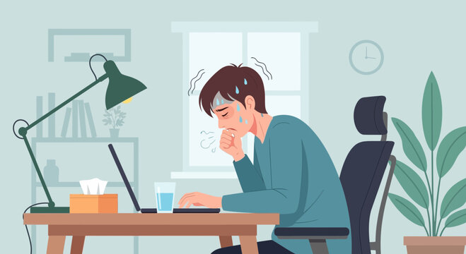 Concerned Worker Feeling Ill Symptoms Working From Home Amidst Aches And Fatigue