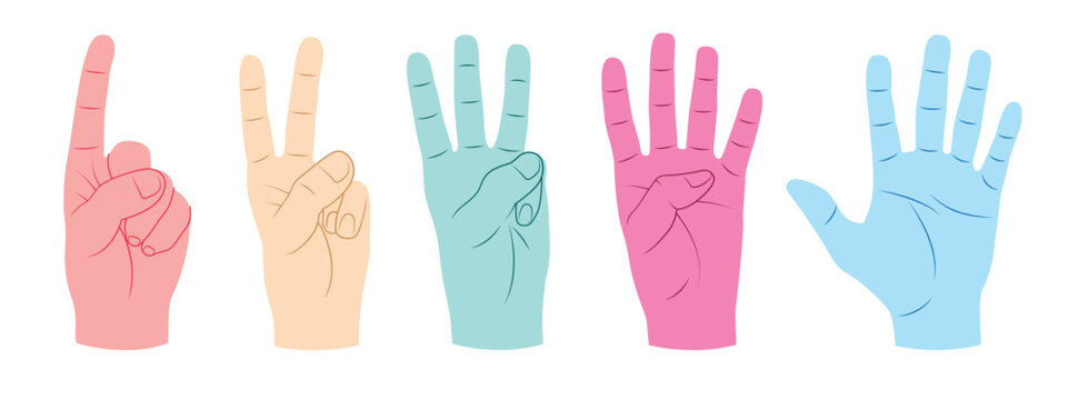 Colorful Hand Counting Gestures Set &ndash; Modern Flat Illustration of Numbers One to Five
