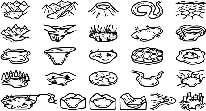Nature and Geography Hand-drawn Line Art Icons Collection. Black and White Doodle Set of Various Landforms, Water Bodies, Rivers, Lakes, Swamps, and Environmental Features.