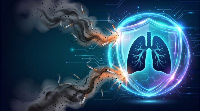 Image of digital shield protecting lungs from pollution and infection, medical concept. Depicting a shield with lungs, defending against pollution