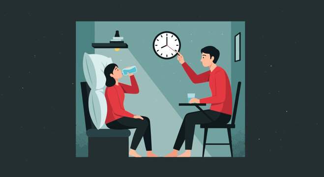 Couple Planning Their Night Routine, Hydration, Sleep, and Time Management with a Clock