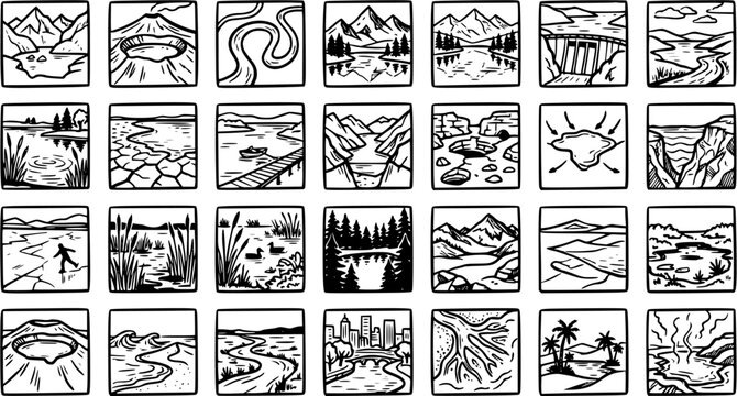Nature and Geography Line Art Icons Set. Diverse Earth Landforms, Water Bodies, and Natural World Geographical Features Vector Illustrations in Black  White Outline Style.