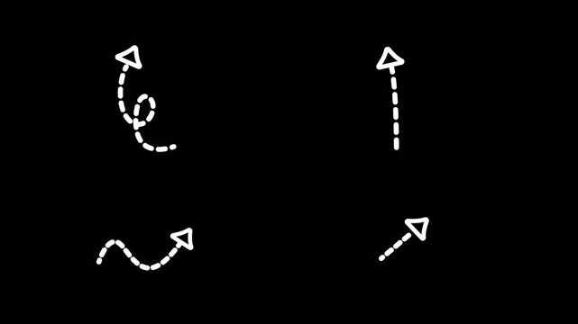 White hand drawn dashed arrows animation set movement direction
