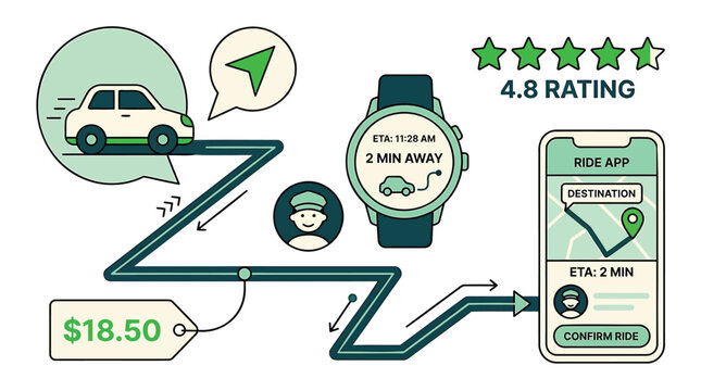 Ride sharing, taxi navigation, transportation icons, vector graphics, green theme, app design elements