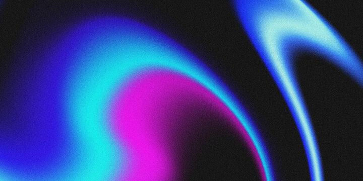 Abstract grainy gradient background with neon blue, cyan, and purple light waves on black. 