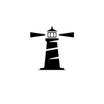 Black lighthouse icon with light beams