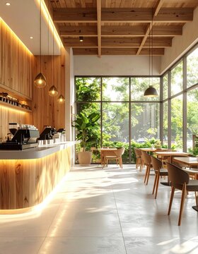 Modern cafe interior with wood accents, plants, and large windows for natural light