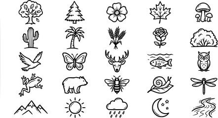 Nature Ecology Environment Hand-Drawn Line Art Icons Set. Wildlife, Plants, Weather, and Landscape Outline Symbols Collection. © pixsource