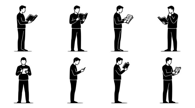 Man reading standing poses silhouette vector set black outline illustration collection