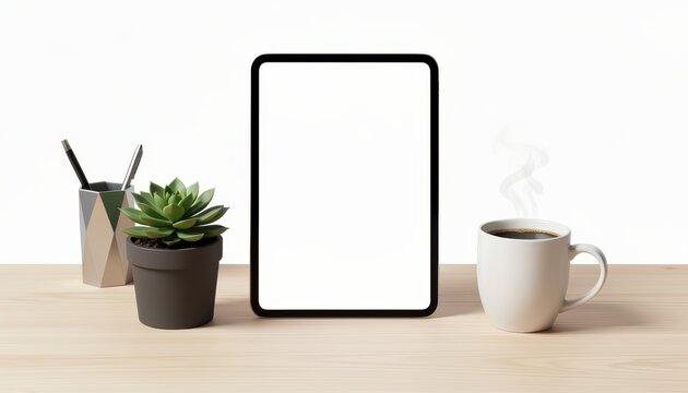 Minimalist Desk Setup with Succulent and Coffee Mug