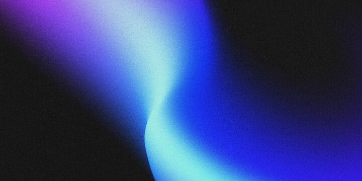 Grainy abstract gradient background with neon purple, blue, and cyan light waves on black, retro noise texture.