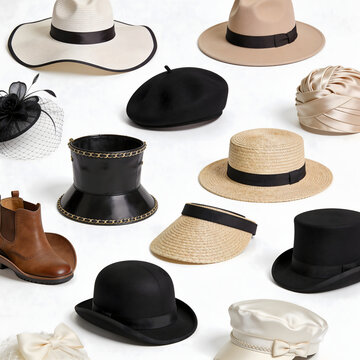 Hat collection with fedora, beret and top hat