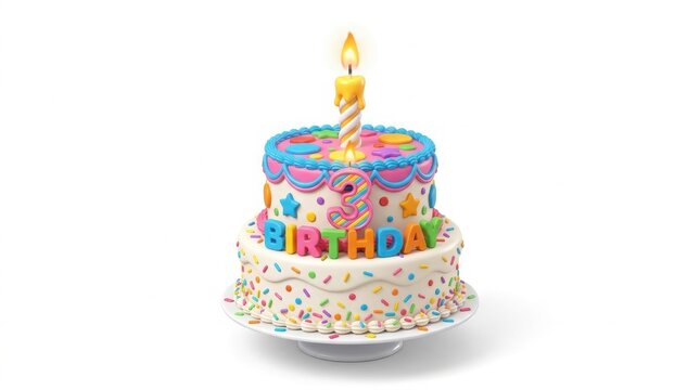 Colorful 3rd birthday cake with lit candle, tiered celebration cake with sprinkles and stars, festive third anniversary dessert for kids isolated on White Background