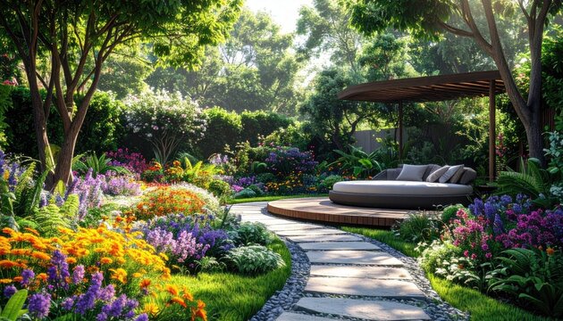 Lush, colorful garden with winding path, sun-drenched foliage, and covered outdoor seating