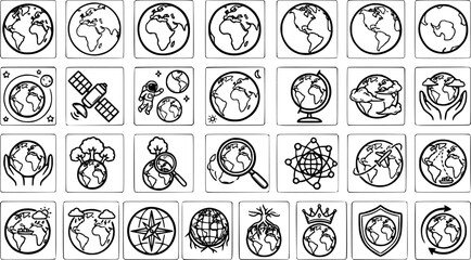 Black and White Line Art Icons of Earth, Globes, and Space Elements for Technology and Global Themes © pixsource