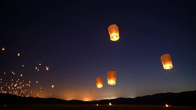 Lanterns flying high in the night sky over a serene landscape