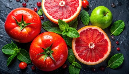 Naklejka premium Vibrant, glistening fresh tomatoes, citrus slices, and apple arranged with mint leaves