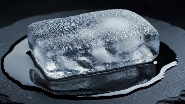 Close Up of a Rectangular Ice Block Melting on a Dark Stone Surface