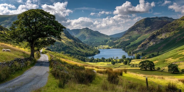 Scenic lake district landscape featuring a winding road, lush green hills, a tranquil lake, and rolling mountains under a partly cloudy sky