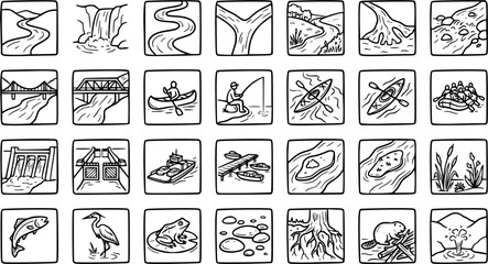 Black and White Line Art Icons of River, Water, and Wildlife Activities © pixsource