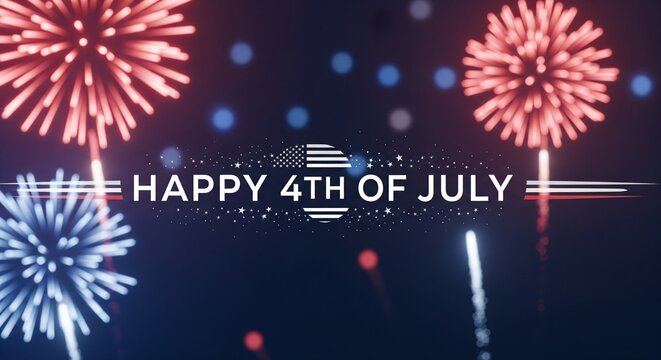 Happy 4th of July text with American flag graphic and red and blue fireworks exploding in a dark night sky with bokeh lights, patriotic celebration concept