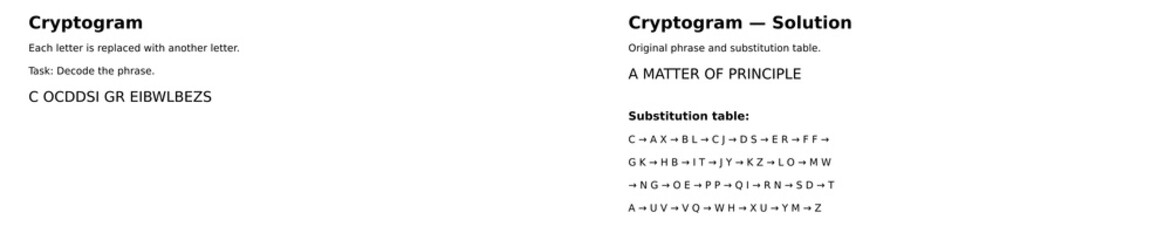 Obraz premium Cryptogram puzzle with letter substitution cipher. Decode the secret phrase using provided clues. Educational brain teaser for logic training and cryptography learning. Vector illustration with soluti