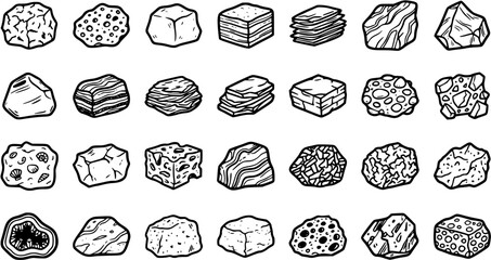 Black and White Line Art Collection of Various Rocks and Minerals, Geology Study Elements © pixsource