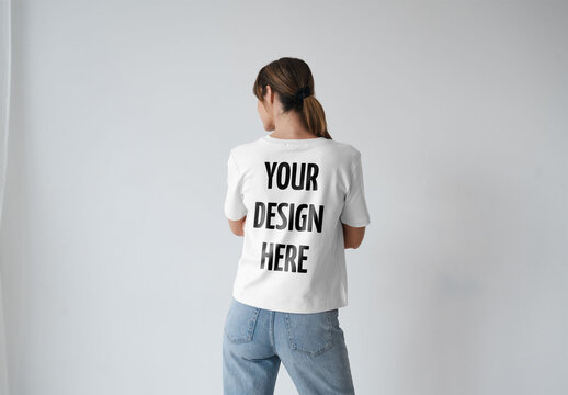 Mockup Of Woman Wearing Customizable T-Shirt, Rear View