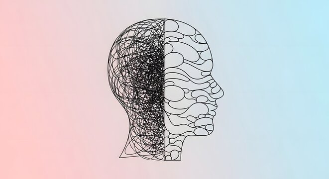 Split Human Head Illustration Representing Mental Health Anxiety And Clarity With Chaos Versus Calm Mind Concept