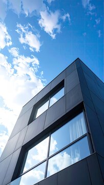 Modern dark facade building against a vibrant blue sky with fluffy white clouds