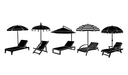 Summer beach lounge chair and parasol silhouette vector set for tourism and travel themes © Sabbir
