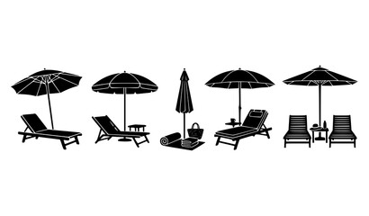 Beach parasol and lounge chair black silhouette collection for summer holiday vector design © Sabbir
