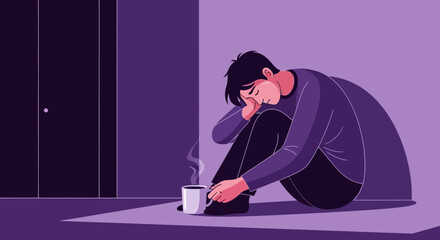 Fototapeta premium Depressed Individual Seated Near Door and Mug Reflecting Personal Struggles and Solitude
