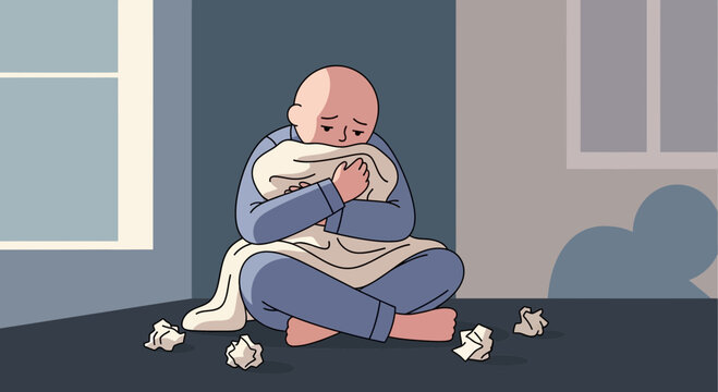Depressed Individual Comforts Himself with a Pillow While Sitting in Room Corner