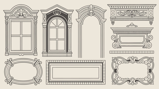 ornate window and door frame designs vintage style line art illustration on beige high quality professional