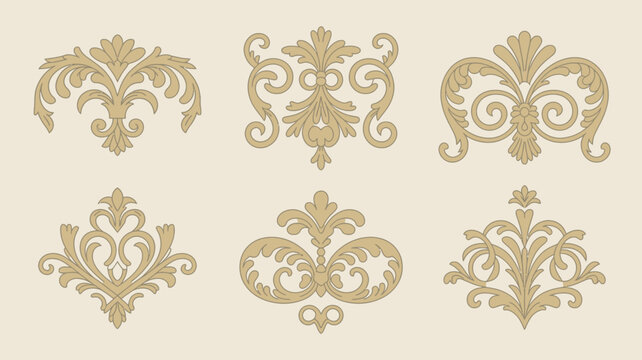 Ornate floral ornaments a collection of six baroque style vector illustrations with a beige background