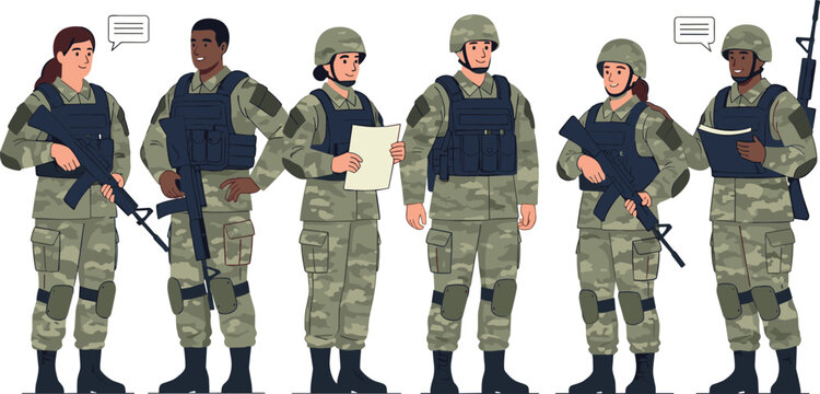 &ldquo;Group of soldiers in camouflage uniforms holding rifles and map during mission briefing teamwork coordination vector illustration design&rdquo;