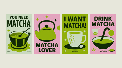 Four vibrant matcha tea posters with illustrations and bold typography on a light gray background © Digishopppp
