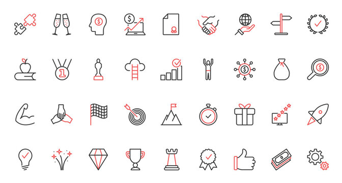 Cup award and medal trophy for best puzzle solution of winner, business chart growth and money bag, strategy and party celebration. Success trendy red black thin line icons set vector illustration.