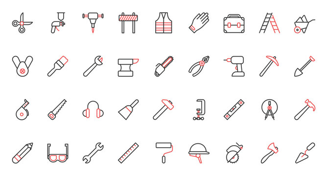 Safety helmet and vest for worker, spanner and hammer, paint. Construction diy tools and equipment for carpentry, building and repair work trendy red black thin line icons set vector illustration