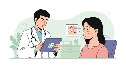 Obraz premium Dermatologist Consulting Patient About Skin Condition Using Modern Digital Tablet in Clinic