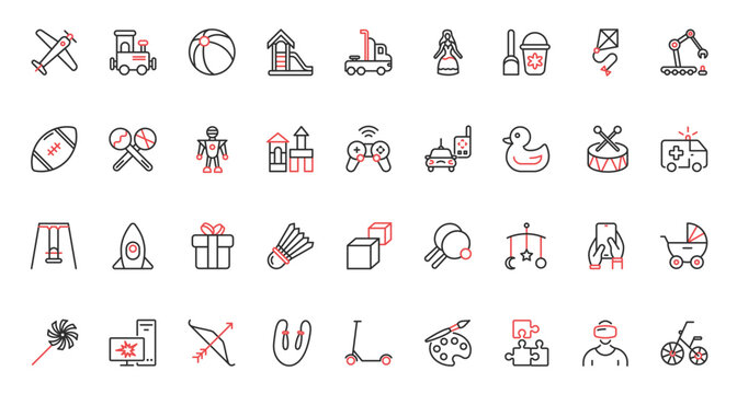 Baby stroller and rattle gift, mobile app and desktop computer games, sand castle and ball to play on playground, kite and swing. Toys for kids trendy red black thin line icons set vector illustration