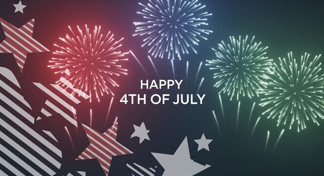 Happy 4th of July text with patriotic stars and colorful fireworks exploding in a dark night sky, celebrating American Independence Day with festive illumination and national symbols.