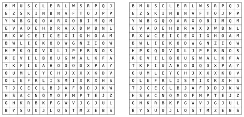 Word search puzzle with letter grid and highlighted solution. Educational vocabulary game for brain training, language learning, and printable worksheets. Vector illustration series © Alex