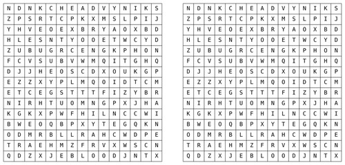 Word search puzzle with letter grid and highlighted solution. Educational vocabulary game for brain training, language learning, and printable worksheets. Vector illustration series © Alex