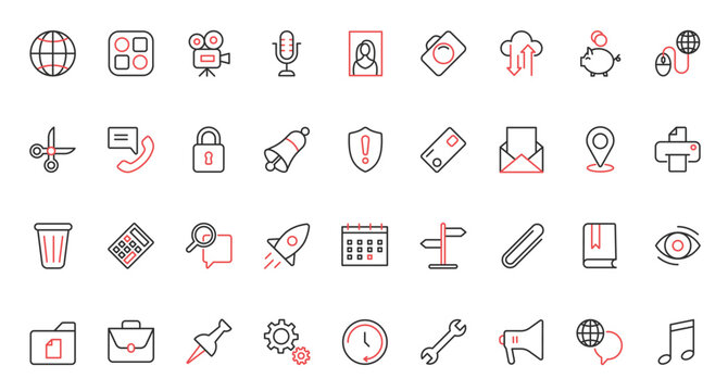 Microphone calculator, video and music gallery web application in phone, email and location info search, global support service. Mobile apps trendy red black thin line icons set vector illustration.