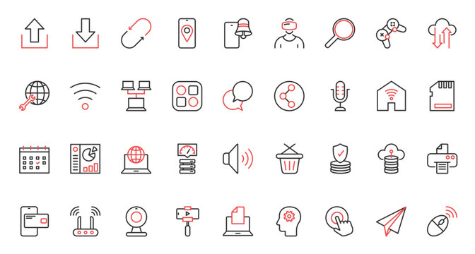 Upload, download and update data and geo location in mobile apps, cyber security of wireless network, virtual reality games. Web communication trendy red black thin line icons set vector illustration.